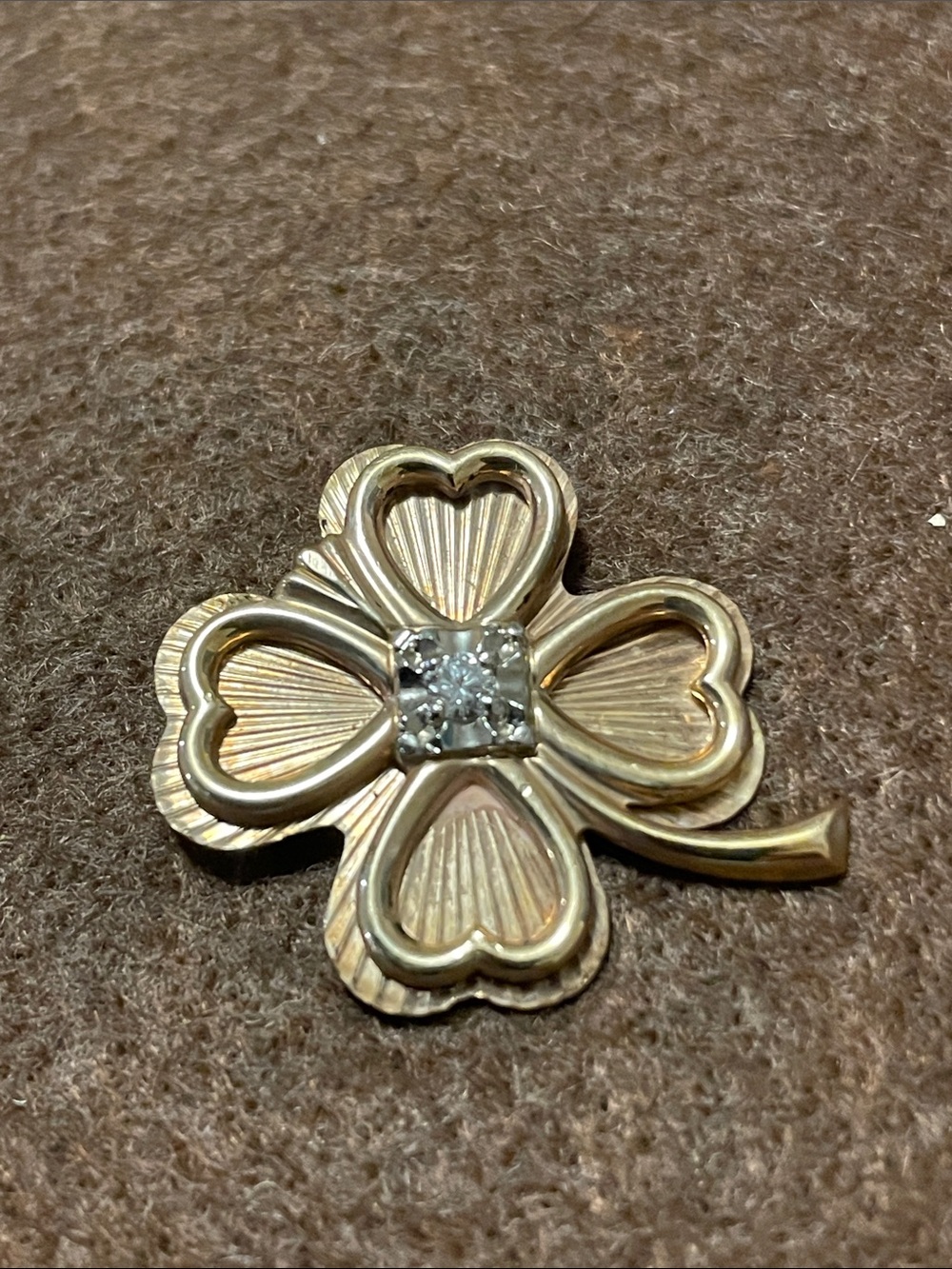 Gold-Tone Four-Leaf Clover Brooch with Center Stone